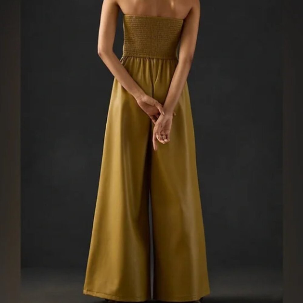 Pilcro‎ Anthropologie M Faux Leather Smocked Wide-Leg Jumpsuit in Khaki - Picture 5 of 5